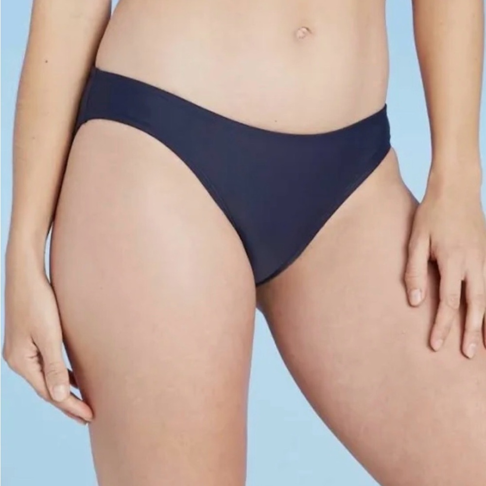 Kona Sol Dark Solid Navy Blue High Coverage Hipster Minimalst Bikini Bottom ONLY